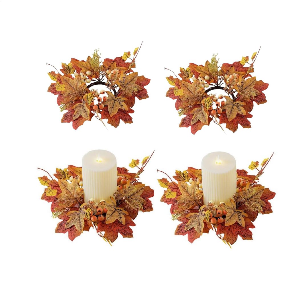 4pcs Fall Thanksgiving Candle Rings, 9.8Inch Maple Leaves Wreath Ring Holder Celebrates Harvest Day | Farmhouse Wreath for Festival Holiday Party Decoration