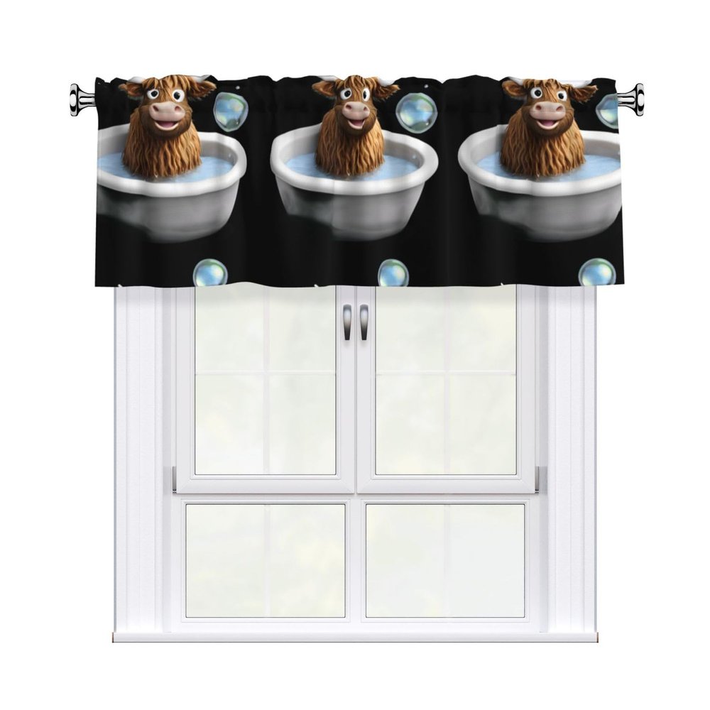 MSRHIUEF Highland Cow Baby Taking a Bath Printing Short Curtain with Valance Rod, 54x18in Light Filtering Window Treatment for Kitchen, Bathroom, Laundry Room, Studio