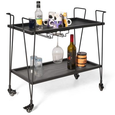 2-Tier Rolling Bar Cart with Wine Glass Rack, Black Metal Mesh Design, Mobile Storage Trolley with 4 Universal Wheels (2 Lockable for Safety), Handle on All Sides, 28.3x14.6x27 Inches