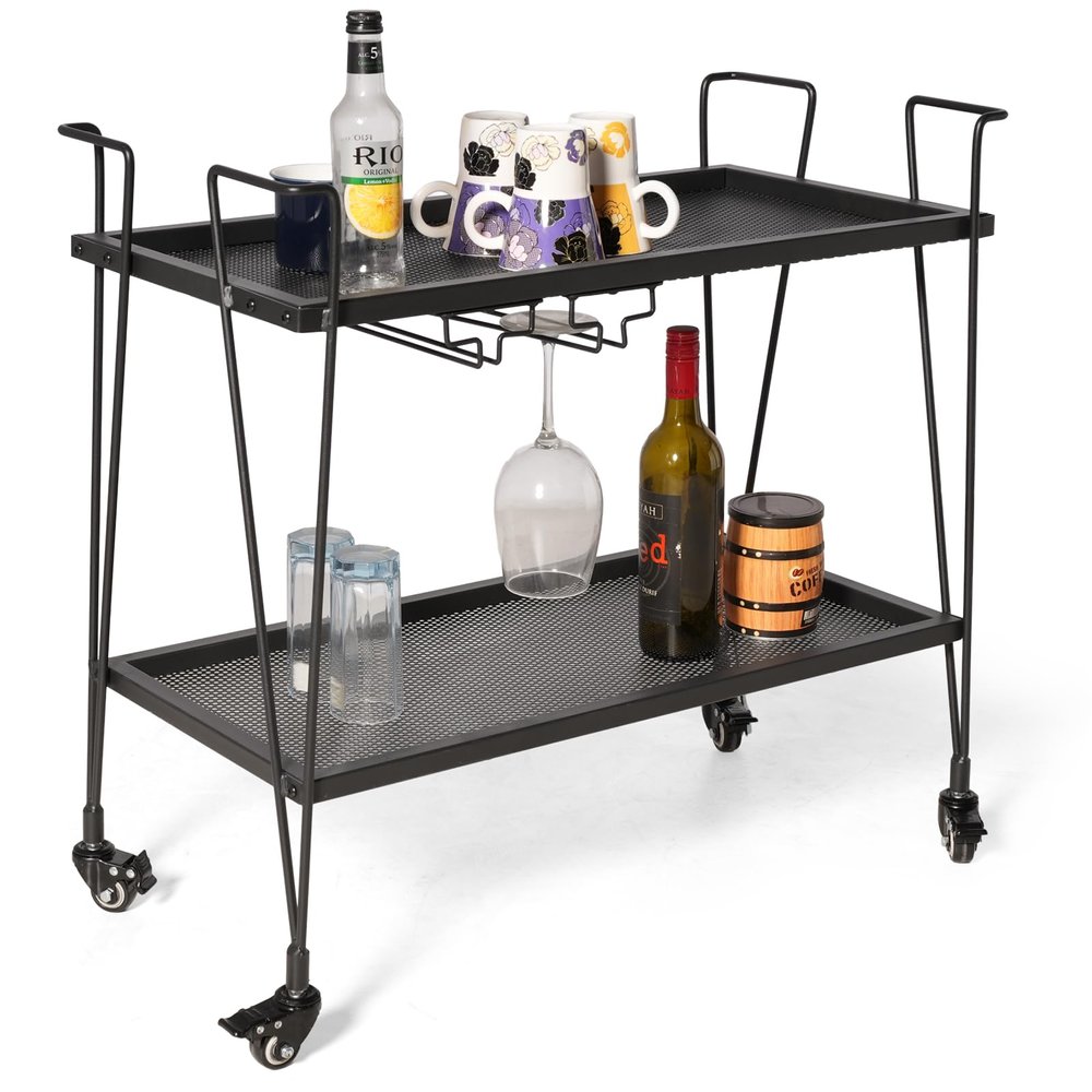2-Tier Rolling Bar Cart with Wine Glass Rack, Black Metal Mesh Design, Mobile Storage Trolley with 4 Universal Wheels (2 Lockable for Safety), Handle on All Sides, 28.3x14.6x27 Inches