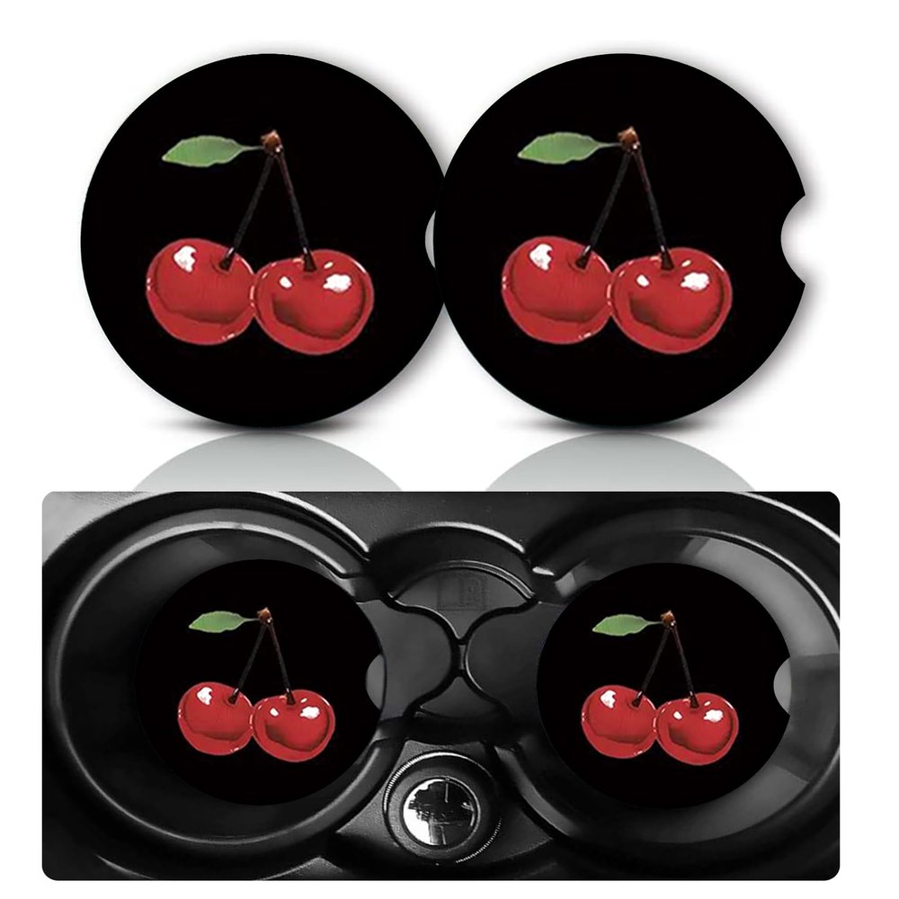 2Pack Cherry Car Cup Holder Coasters,Cars Coasters for Cup Holders,2.75" Universal Anti Slip Rubber Mat with Finger Slot,Cherry Car Accessories Interior Decor,Cherrys Gifts for Women,Men