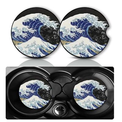 2Pack Big Wave Car Cup Holder Coasters,Cars Coasters for Cup Holders,2.75" Universal Anti Slip Rubber Mat with Finger Slot,Ocean Wave Car Accessories Interior Decor,Ocean Gift for Women,Men