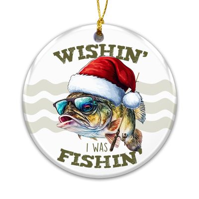 Wishin I was Fishin Ornament 2025 Funny Fishing Ornament for Men, Dad, Husband, or Grandpa Fisherman Christmas Ornament with Santa Hat Bass Design, Outdoor Angler Gift, Rustic Cabin Decoration