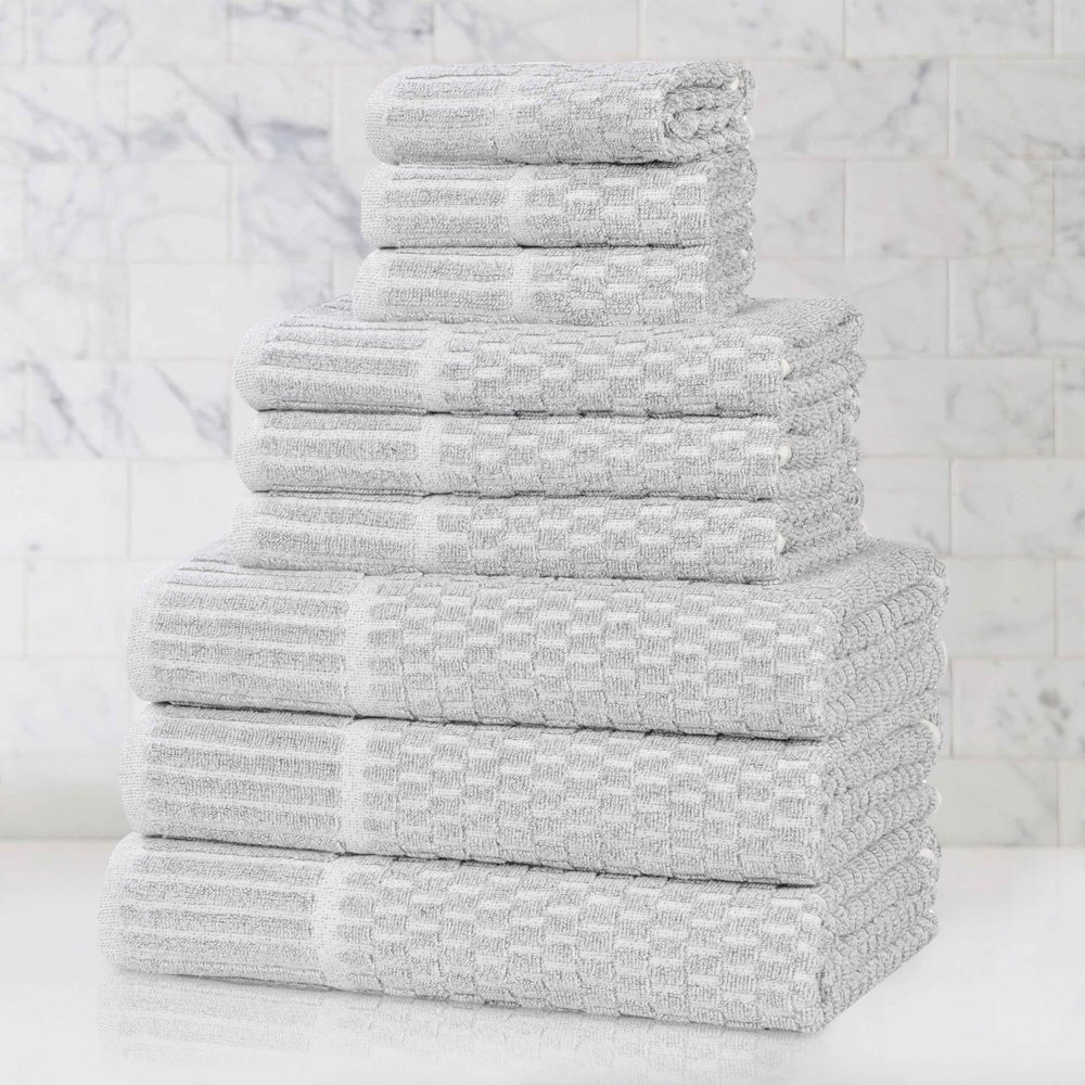 BLUENILEMILLS Juno Viscose Cotton Blend Medium Weight Towel Set, for Bathroom, Shower, Spa, Hotel, Plush, Highly Absorbent and Ultra-Soft Towels, Bath Essentials, 9 Piece Assorted Towel Set, Platinum