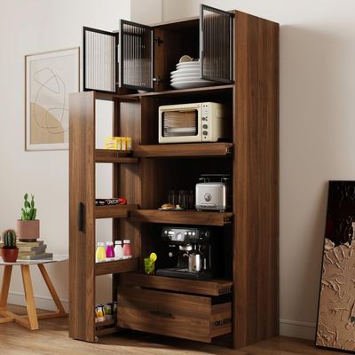 70.87 Tall Kitchen Pantry Cabinet with Pull Out Shelves 1 Drawer Aluminum Frame Glass Door Freestanding Food Hutch Microwave Stand for Dining Room Storage (Walnut + Particle Board+MDF)