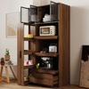 70.87 Tall Kitchen Pantry Cabinet with Pull Out Shelves 1 Drawer Aluminum Frame Glass Door Freestanding Food Hutch Microwave Stand for Dining Room Storage (Walnut + Particle Board+MDF) view 1