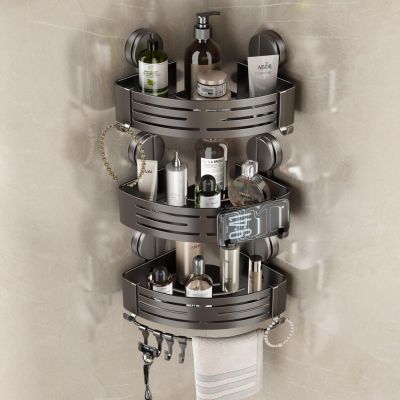 VOLPONE Corner Shower Caddy Suction Cup Shower Shelf Corner No Drilling Bathroom Shower Organizer Storage Rack Adhesive triangle with towel bar hooks 3 tier gray