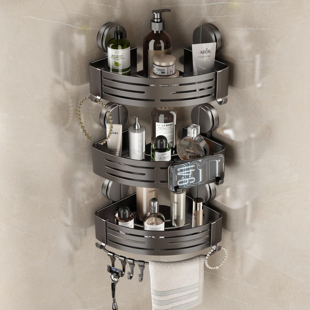 VOLPONE Corner Shower Caddy Suction Cup Shower Shelf Corner No Drilling Bathroom Shower Organizer Storage Rack Adhesive triangle with towel bar hooks 3 tier gray