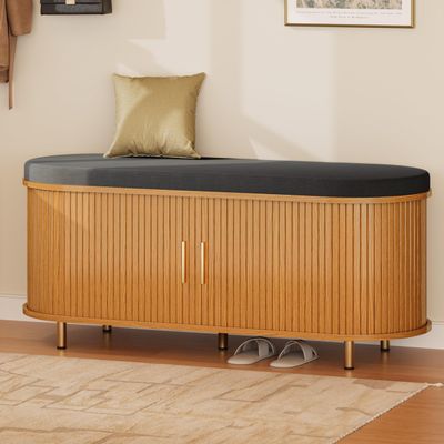 DHH 2-Tier Storage Bench,Wide Shoe Bench with Thickened Padded Seat Cushion, Mid Century Modern Fluted Sliding Door and Adjustable Shelf, for Entryway, Living Room, Bedroom (Yellow Walnut, 43.3)