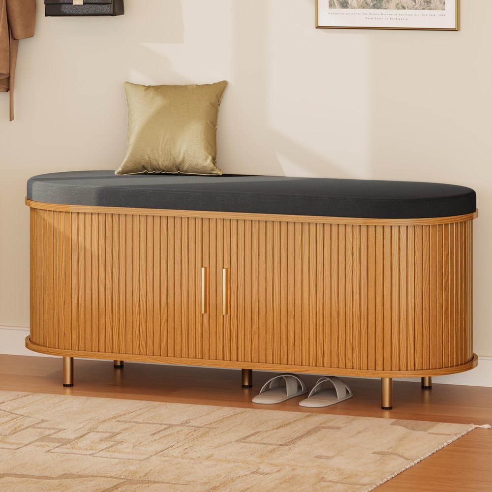 DHH 2-Tier Storage Bench,Wide Shoe Bench with Thickened Padded Seat Cushion, Mid Century Modern Fluted Sliding Door and Adjustable Shelf, for Entryway, Living Room, Bedroom (Yellow Walnut, 43.3)