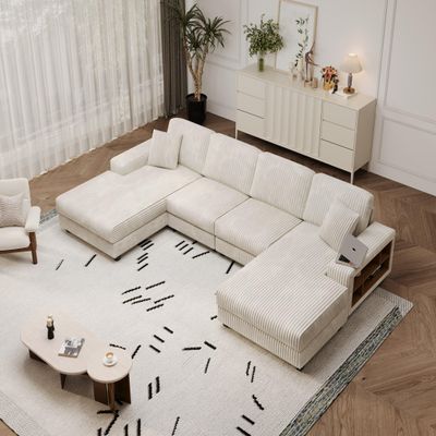137'' U-Shaped Corduroy Sectional Sofa Combination Cloud Couch Oversized Comfy 4 Seat Sofa with Side Shelves and Double Lounge Chaise for Living Room