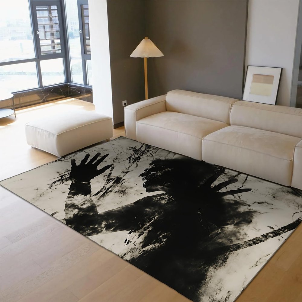 Horror Theme 8'x10' Area Rugs Black and White Horror Ghost Halloween Carpet Soft Non-Slip Low Pile Rug for Bedroom Playroom Home Decoration