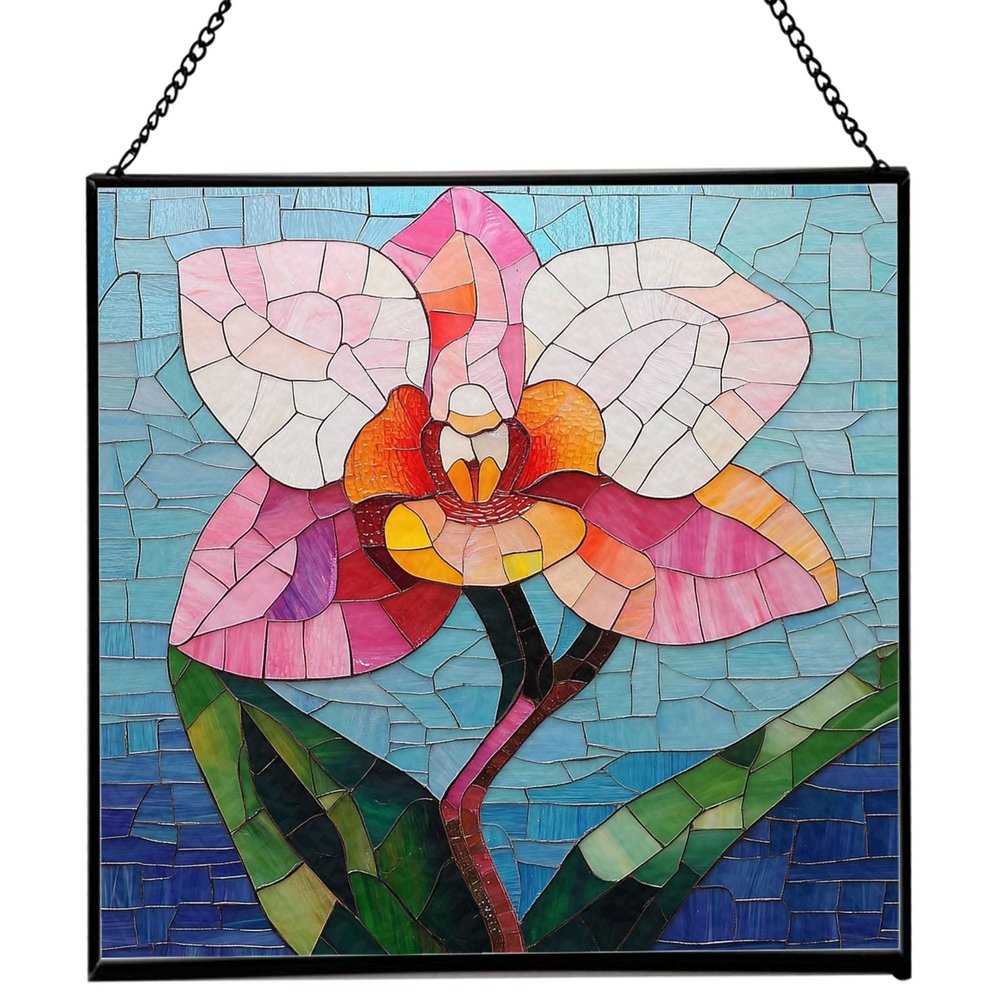 Orchid Flower Stained Glass Panels, Square Shaped Window Hangings, Tiffany Glass Traditional Art Crafts for Home Decor Gifts 130OR3