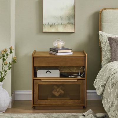 PEIHONGET Mid Century Modern Nightstand with Charging Station, 2 Drawers