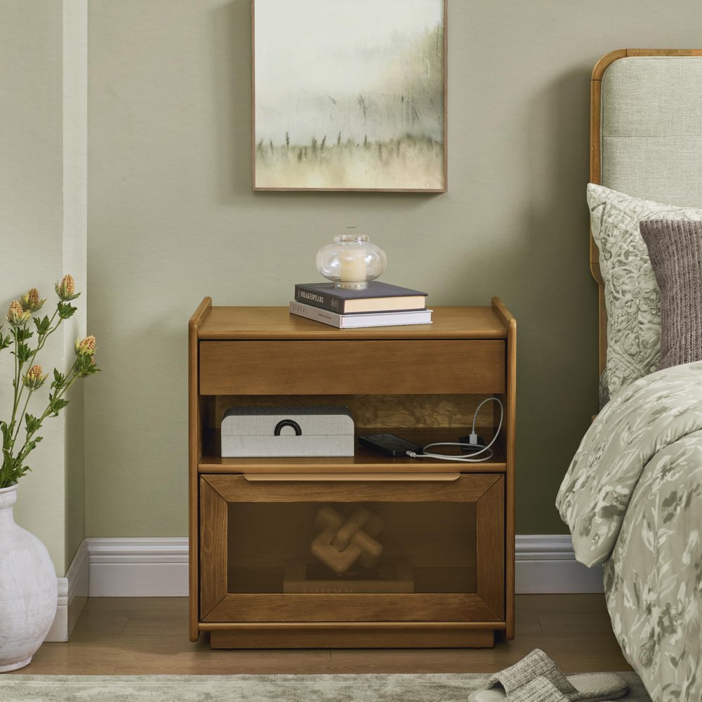 PEIHONGET Mid Century Modern Nightstand with Charging Station, 2 Drawers