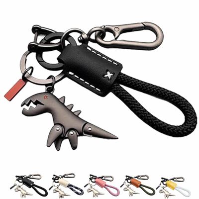 Keychain, Aluminum Alloy Dinosaur Charm Paired with a Hand-Woven Bracelet, Dinosaur Keychain Charm Paired (Black-B)