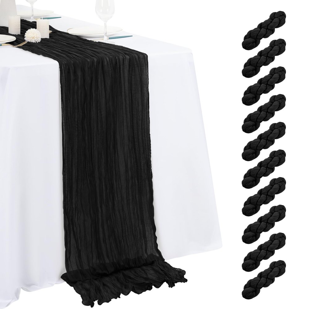 10 Pack Black Cheesecloth Table Runner 17x108 Inch Semi Sheer Boho Gauze Cheese Cloth Table Runners, for Wedding Bridal Shower Birthday Party Home Decor Garden Farmhouse