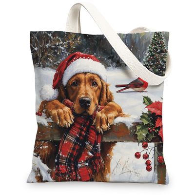 Christmas Irish Setter Dog Canvas Tote Bag for Shopping 13x15, Xmas Farmhouse Cardinal Puppy Reusable Grocery Print Bag for Women Men, Holiday Pet Aesthetic Painting Gift Decor
