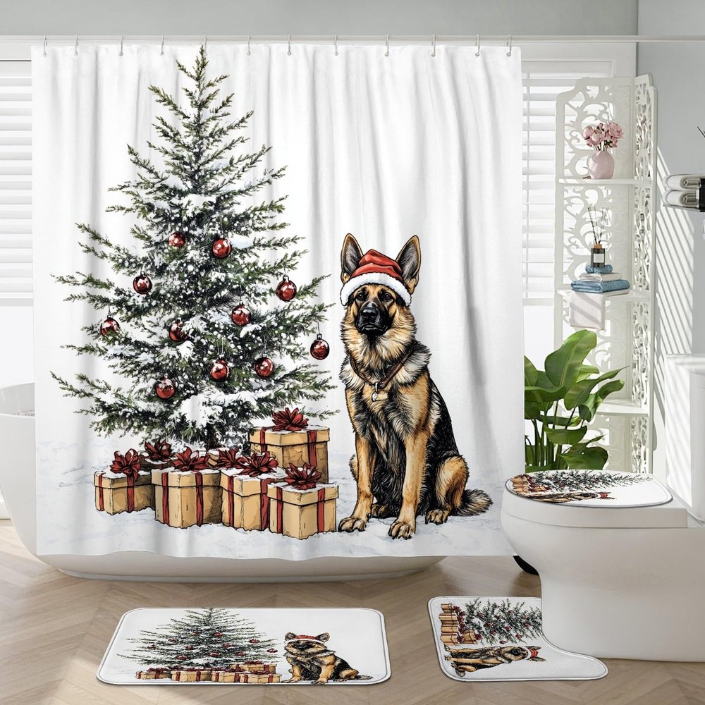 4PCS Christmas German Shepherd Dog Shower Curtain Sets with Non-Slip Rug, U Shape and Toilet Lid Cover Mat, Xmas Tree Gifts Home Bathroom Accessory Sets Decor, 72 x 72 Inch