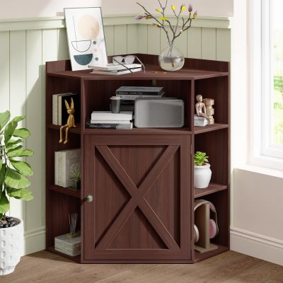 Corner Cabinet, Corner Storage Shelf with USB Ports and Outlets Industrial Organizer for Small Space Wooden 6-Cubby Bookshelf for Study, Playroom, Living Room (Dark Brown)
