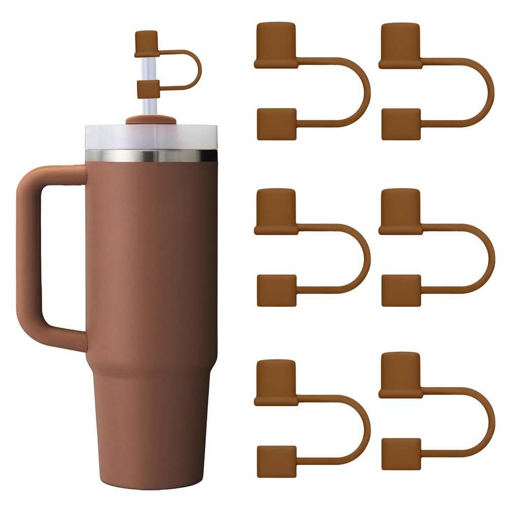 6PCS Silicone Straw Covers Cap Compatible with Stanley Cup 30-40 oz Tumbler with Handle 10mm Straw Toppers Reusable Cover for Stanley Cup AccessoriesBrown