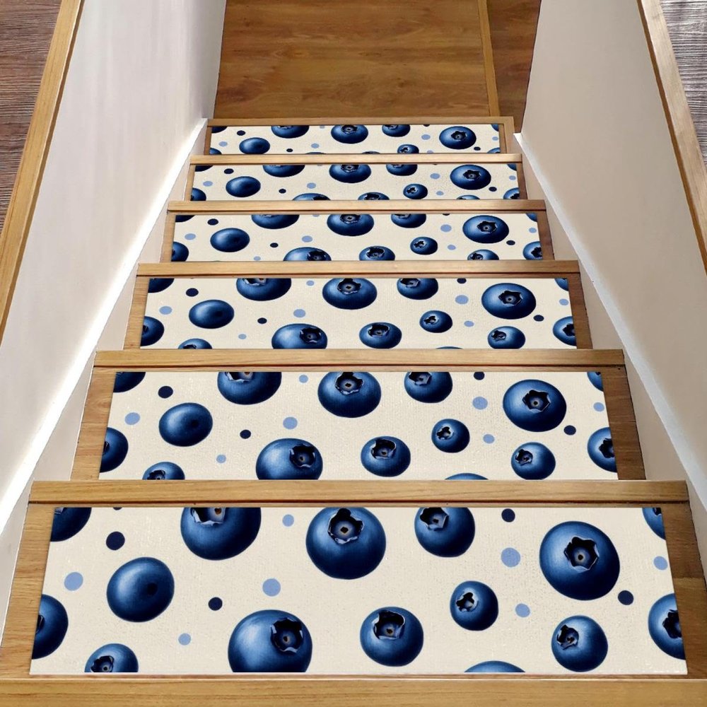 15Pcs Non-Slip Stair Treads for Wooden Steps, 8"x30" Carpet Mat Indoor Stair Runners Mats Polyester Washable Reusable Adhesive Stair Rugs for Kids Elders and Pets (Polka Blueberry)