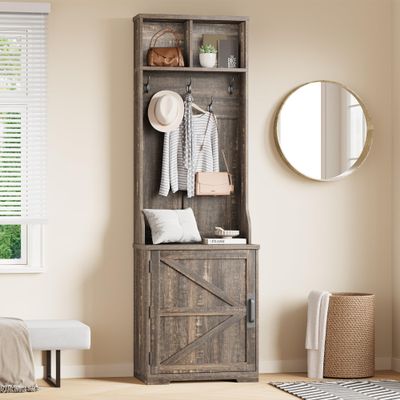 IDEALHOUSE Farmhouse Narrow Coat Rack with Shoe Storage, 23.6" Small Hall Tree with Bench, Entryway Coat Rack with 5 Hooks, 2 Cubbies & 1 Barn Door Cabinet for Entryway, Hallway, Mudroom, White/Brown
