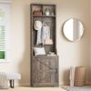 IDEALHOUSE Farmhouse Narrow Coat Rack with Shoe Storage, 23.6" Small Hall Tree with Bench, Entryway Coat Rack with 5 Hooks, 2 Cubbies & 1 Barn Door Cabinet for Entryway, Hallway, Mudroom, White/Brown view 1