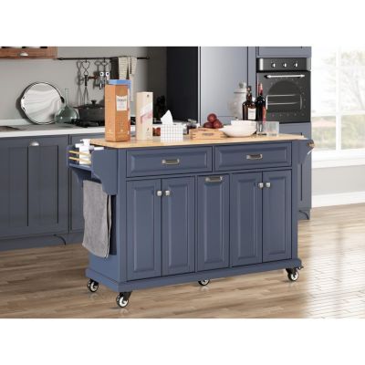 Minimally Designed Multifunctional Kitchen Island Cart with 2 Drawers and 5 Wheels, Providing Ample Storage Space, Suitable for Kitchen Use (Blue)