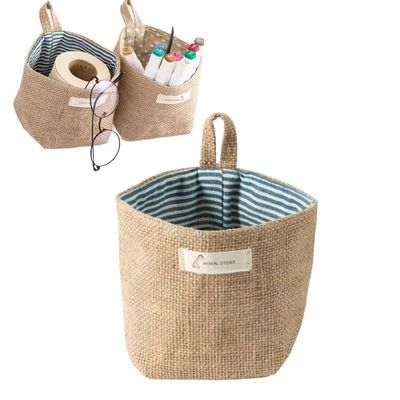 2 Pack Hanging Basket Cotton Linen Small Storage Bag Dorm Room Essentials & Dorm Supplies for Wall Door Color As Shown