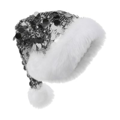 IPENNY Christmas Sparkly Sequin Santa Hat, Glittery Christmas Holiday Hat for Adults,Xmas Party Costume Decoration Accessory (Silver)