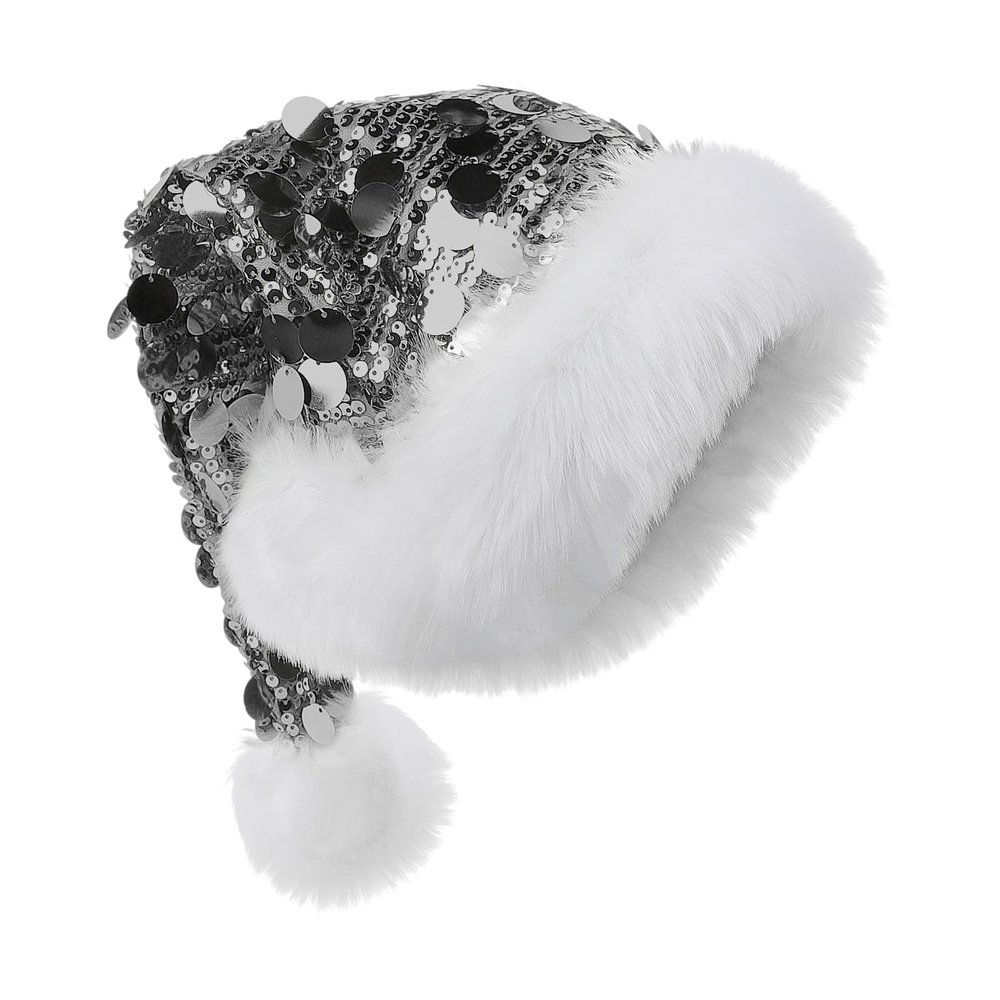IPENNY Christmas Sparkly Sequin Santa Hat, Glittery Christmas Holiday Hat for Adults,Xmas Party Costume Decoration Accessory (Silver)