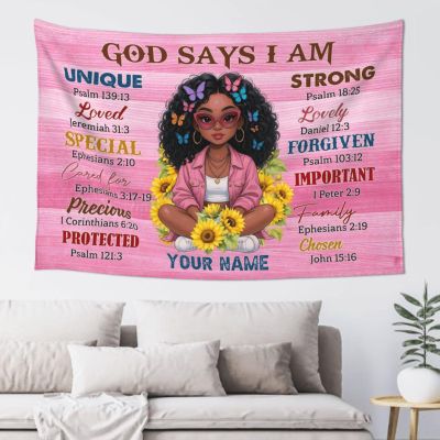 Ahvwhv Customized African American Women Tapestry - Personalized Name Gifts for Black Girl, Black Girl God Says I Am Bible Quotes Inspiring Wall Decor for Bedroom Dorm