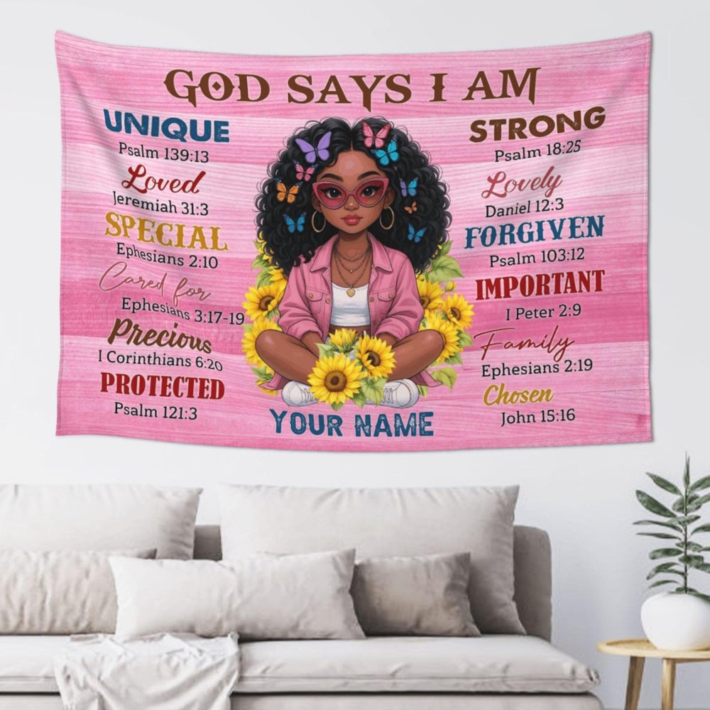 Ahvwhv Customized African American Women Tapestry - Personalized Name Gifts for Black Girl, Black Girl God Says I Am Bible Quotes Inspiring Wall Decor for Bedroom Dorm
