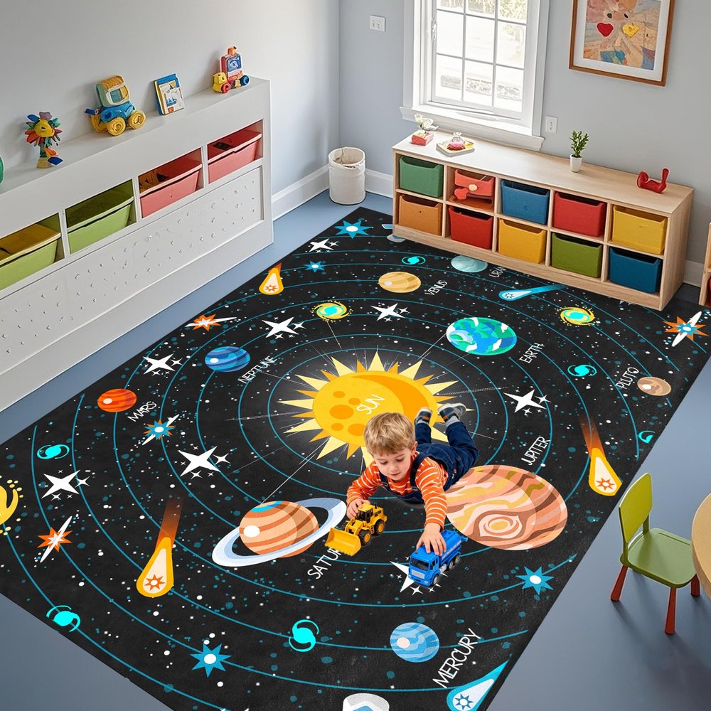 Kossmjx Outer Space Rugs for Kids - 812 Education Learning Classroom Space Rug for Boys Girls Kids Galaxy Solar System Theme Area Rugs Oversized Washable