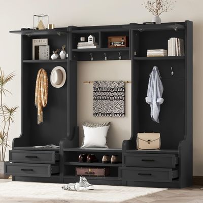 4-In-1 Detachable Hall Tree with Storage Cabinet, 7 Hooks, Garage Lockers Shoe Bench Coat Rack for Entryway, Mudroom Organizer with Drawers and Cubbies, Farmhouse Style Furniture for Home,Black