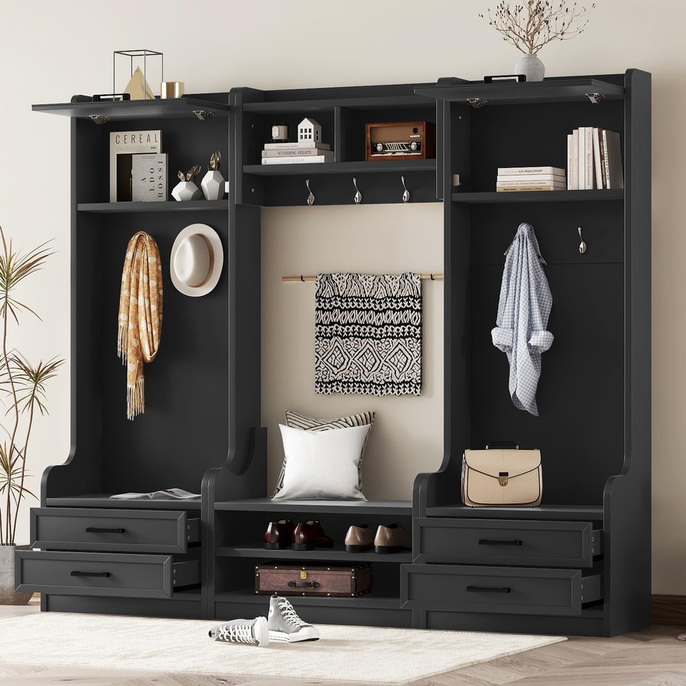 4-In-1 Detachable Hall Tree with Storage Cabinet, 7 Hooks, Garage Lockers Shoe Bench Coat Rack for Entryway, Mudroom Organizer with Drawers and Cubbies, Farmhouse Style Furniture for Home,Black