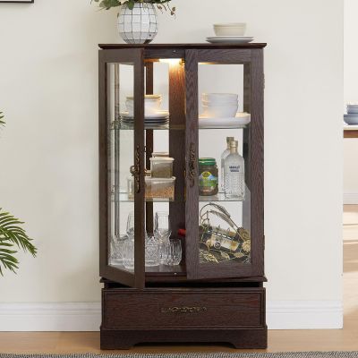Anwick Glass Curio Cabinet with Adjustable Shelves - 47" Tall Display Cabinet, 2-Door Glass Doors and Drawers, Storage Cabinets/w Bulb for Living Room Home Office (Cherry)
