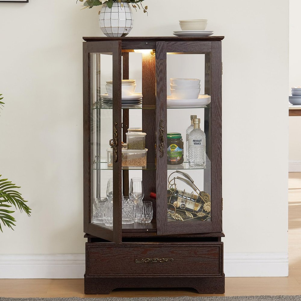 Anwick Glass Curio Cabinet with Adjustable Shelves - 47" Tall Display Cabinet, 2-Door Glass Doors and Drawers, Storage Cabinets/w Bulb for Living Room Home Office (Cherry)