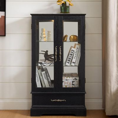 Glass Curio Cabinet with Adjustable Shelves - 47" Tall Display Cabinet, 2-Door Glass Doors and Drawers, Storage Cabinets/w Bulb for Living Room Home Office (Black)