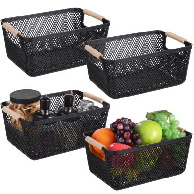 Pack Of Four Plastic Mesh Baskets With Wooden Handles, Storable Bins For Snacks, Fruits, And Cosmetics, Versatile For Kitchen Pantry, Size 10.87.34.8