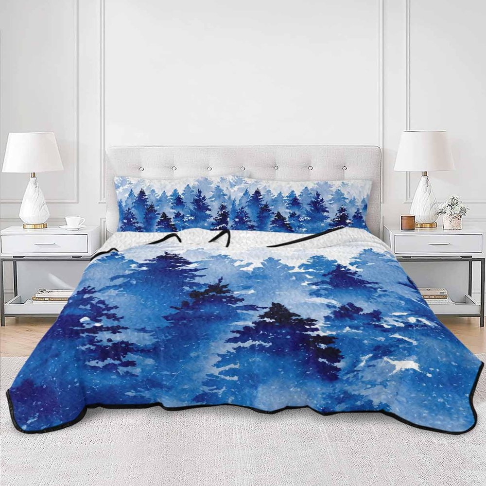 BketraquerC Twin Quilt Set,Watercolor Blue Christmas Tree Lightweight Soft Microfiber Summer Bedspread Coverlet with 2 Pillow Shams,Winter Snowflake 3 Piece Bedding Set for All Seasons