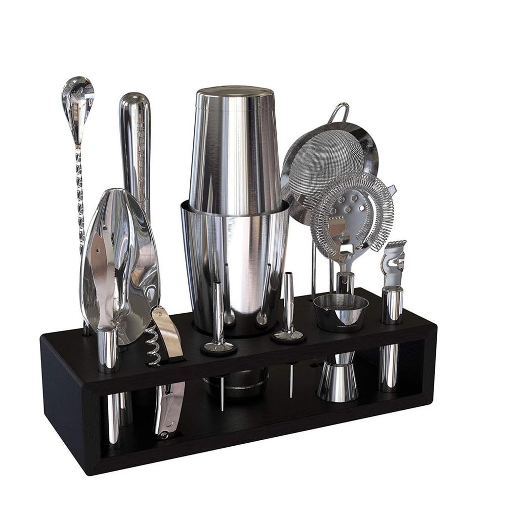 EWUROI Boston Shaker Cup 13-Piece Stainless Steel Mixer Cocktail Bartender Set with Storage Rack