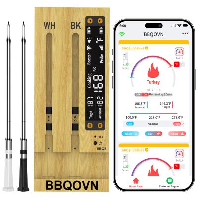 BBQOVN WiFi Sub-1G Wireless Meat Thermometer Unlimited Range 7 NIST Certified Sensors with Ambient Temp 2 Temp Monitoring Ways Digital Smart Base and App for BBQ, Smoker, Grill, Oven (Dual Probes)