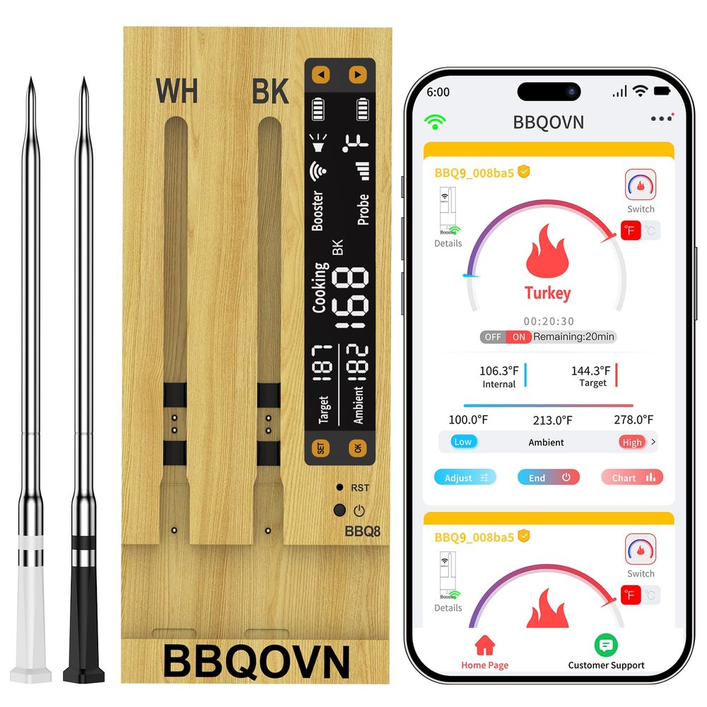 BBQOVN WiFi Sub-1G Wireless Meat Thermometer Unlimited Range 7 NIST Certified Sensors with Ambient Temp 2 Temp Monitoring Ways Digital Smart Base and App for BBQ, Smoker, Grill, Oven (Dual Probes)