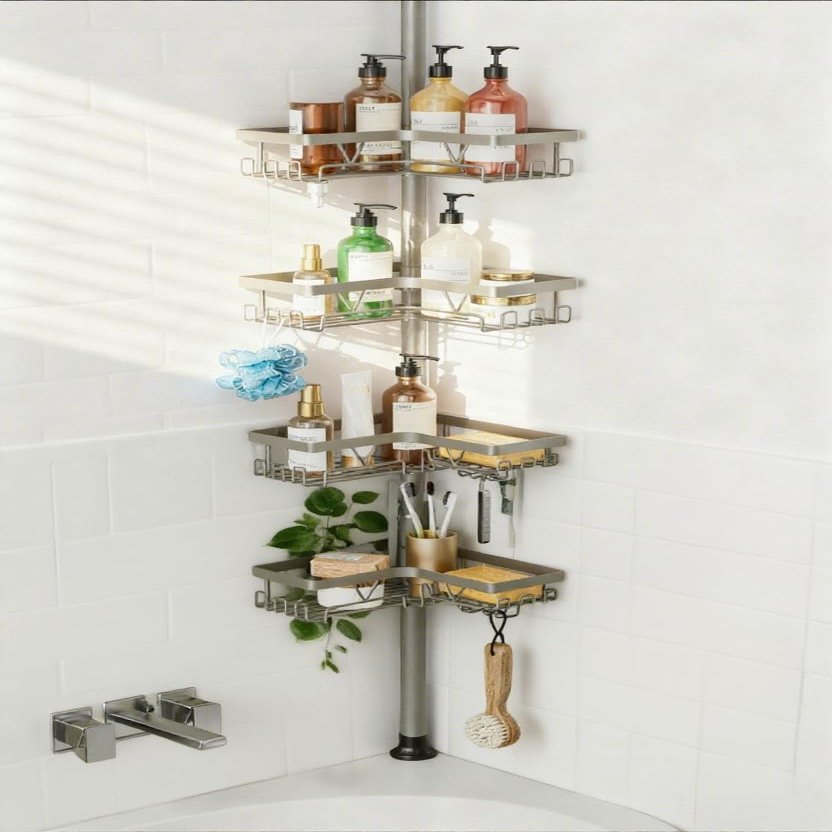 KEGII Shower Caddy Tension Pole, 4-Tier Rustproof Adjustable Corner Bathroom Organizer for Renters, 25114.2 Inch No Drill Space-Saving Shower Storage Rack, Silver Gray