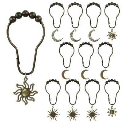 MOROBOR Shower Curtain Hook, 12 Pcs Moon&Sun Waterproof Creative Utility Rolling Shower Curtain Hanger Decorative Shower Curtain Hooks for Bedroom Living Room Bathroom Shower Rods/Bronze