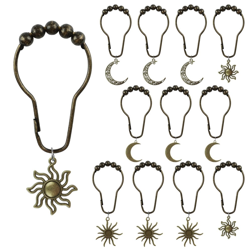 MOROBOR Shower Curtain Hook, 12 Pcs Moon&Sun Waterproof Creative Utility Rolling Shower Curtain Hanger Decorative Shower Curtain Hooks for Bedroom Living Room Bathroom Shower Rods/Bronze