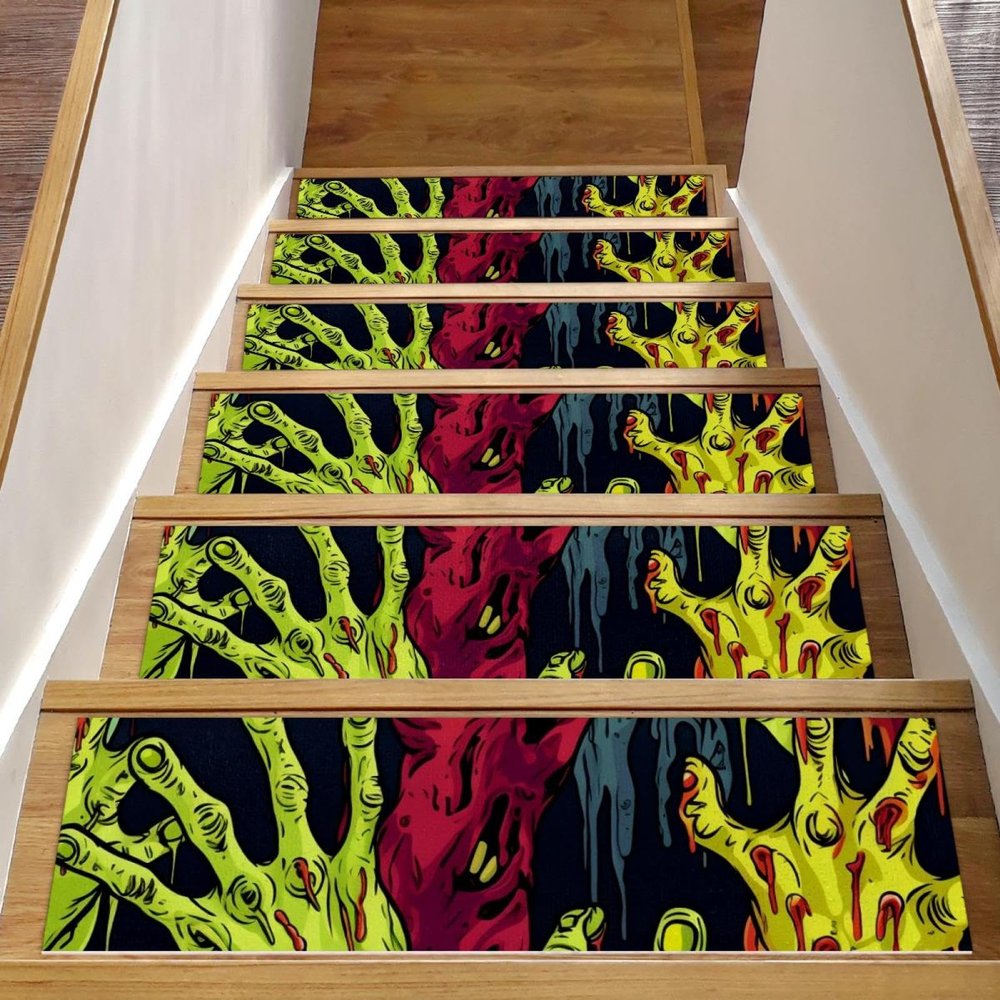 Halloween Zombie Hand Stair Treads for Wooden Steps, 15 Piece 8" X 30" Non-Slip Carpet Stairway Treads, Washable Stair Runner Rugs for Kids Elders Dogs