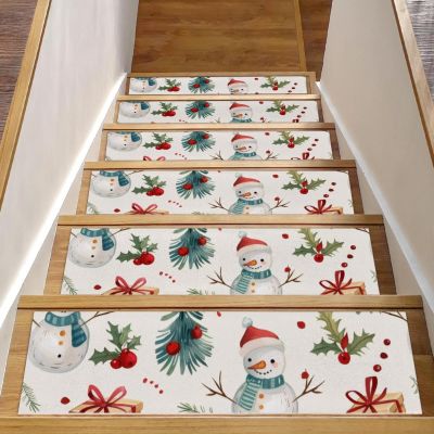 15 Pcs Carpet Stair Treads Merry Christmas Snowman Safety Stair Treads for Wooden Steps Indoor Surface Polyester TPE Backing Stairway Runner Rugs Nonslip Step Mat for Kids Dogs